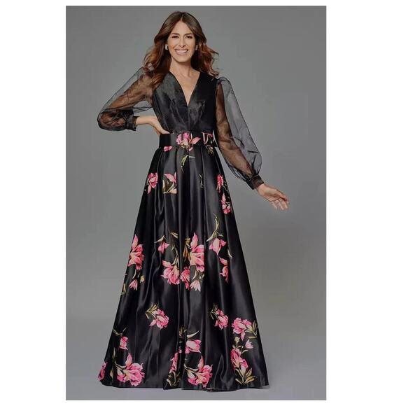 NWT Betsy & Adam Floral Mixed Media Long Sleeve A-Line Gown Size 8 - Picture 1 of 14